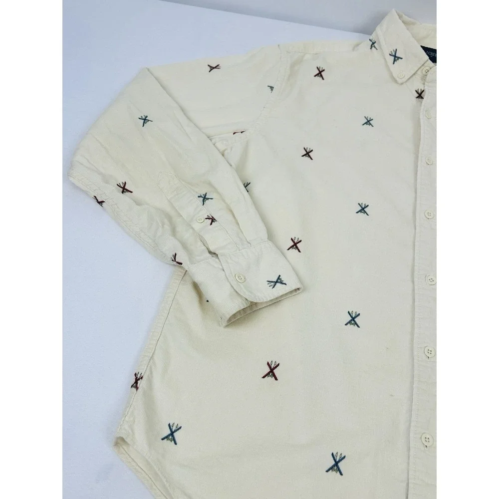 J. Crew Corduroy Shirt Mens Large Ivory Embroidered Ski Print Long Sleeve